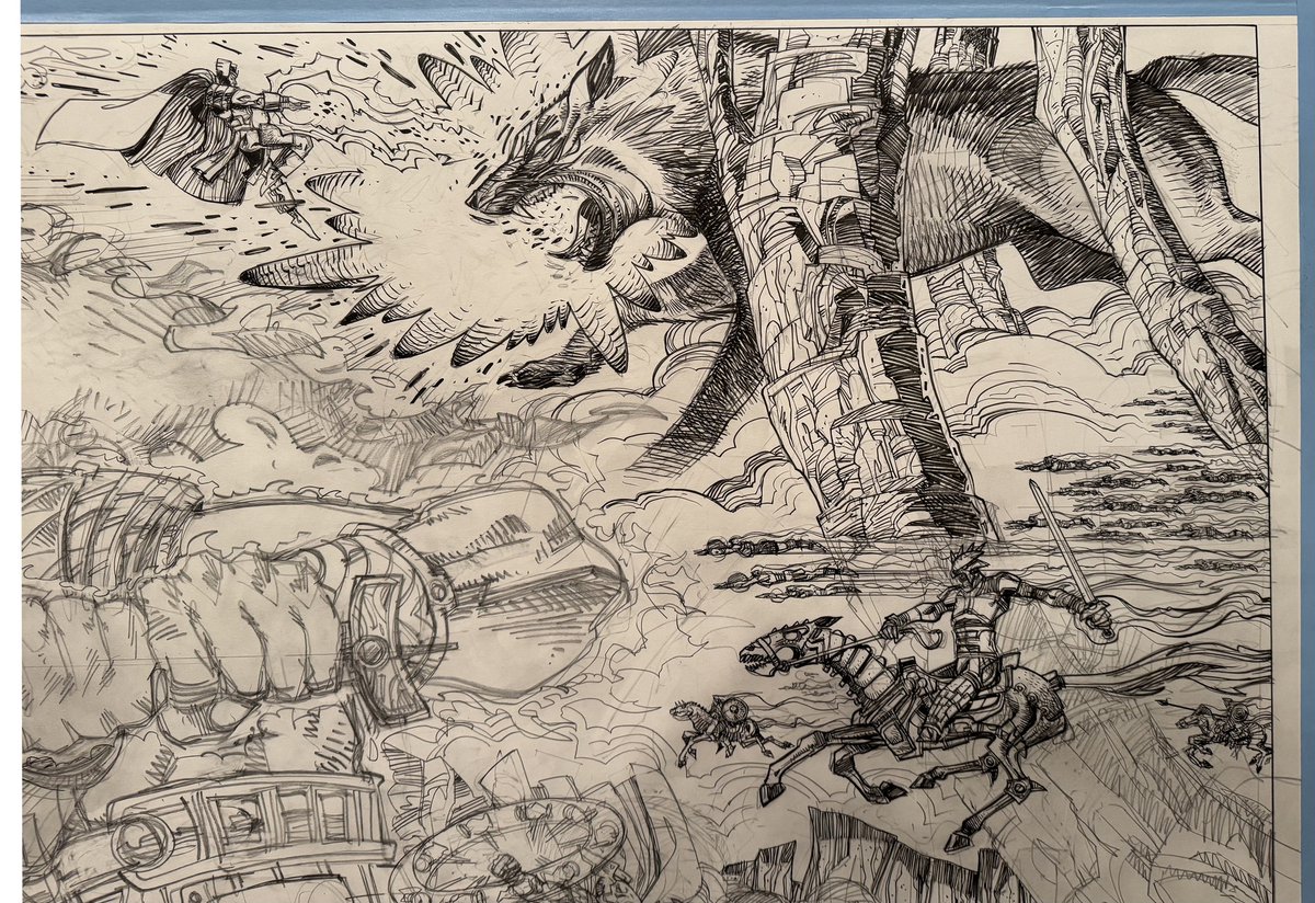 Loki and one of his children, Fenris Wolf in mortal combat. Tombow brush pens, Micron pen. 27.5 x 21. 2024. The drawing's upper right corner.

Loki sides with the enemies of the gods in the myths, but this is the Marvel/Simonson version. He still hopes to rule the Nine Worlds.