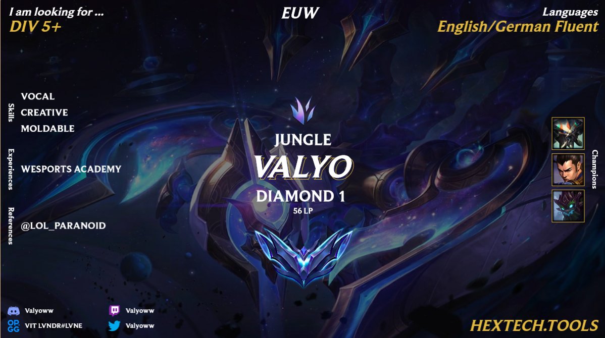 LFT Post
Played DIV 4 with WeSports Academy,
Im looking for any DIV5+ offer.
&lt;3