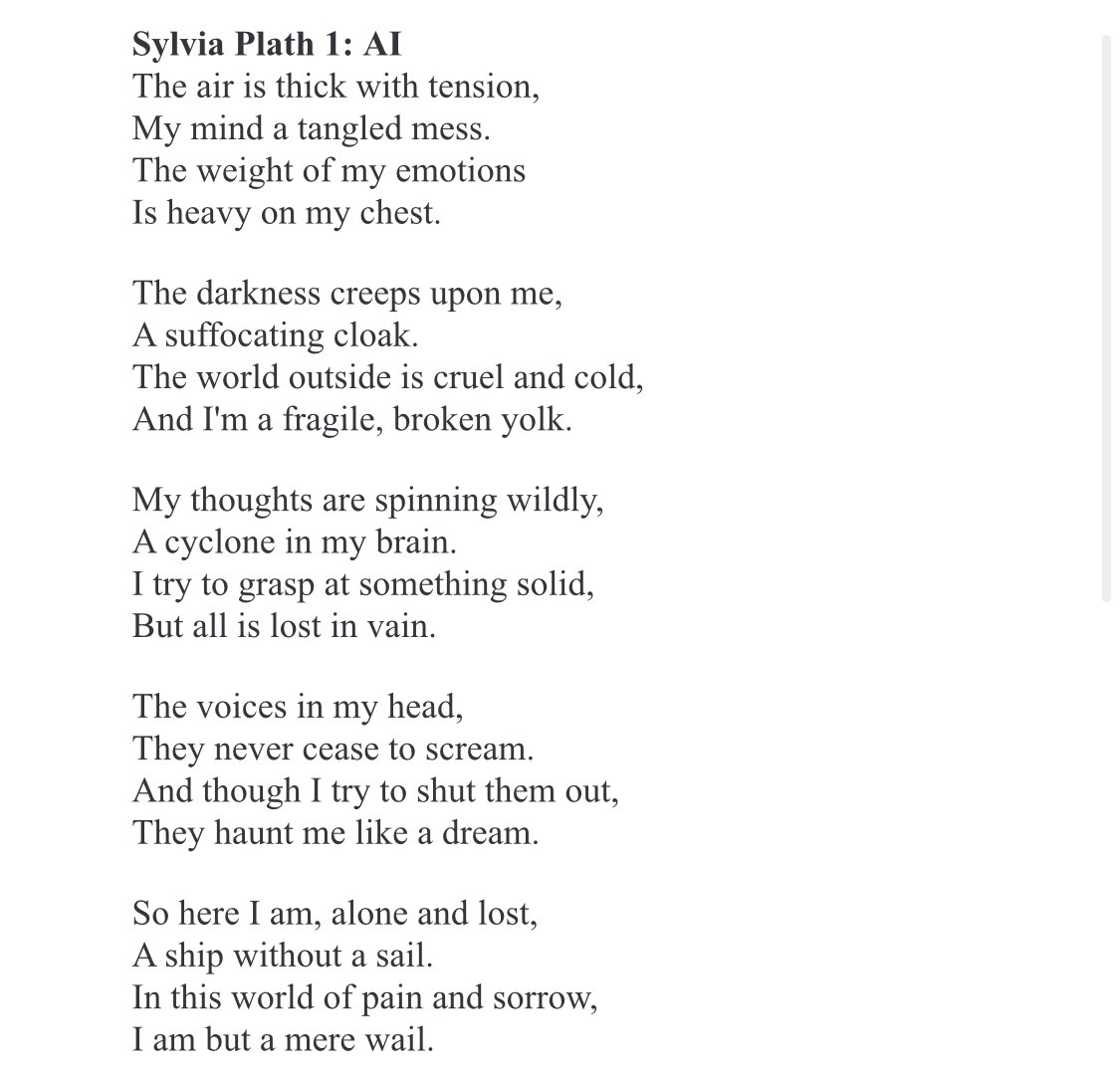 cozyunoist's tweet photo. they just did this for poetry as well (https://t.co/mCBjaur9xV) to much the same result, people preferred the ai works &amp; didn’t do better than chance. here are some of the ai poems https://t.co/kiONzowGCn