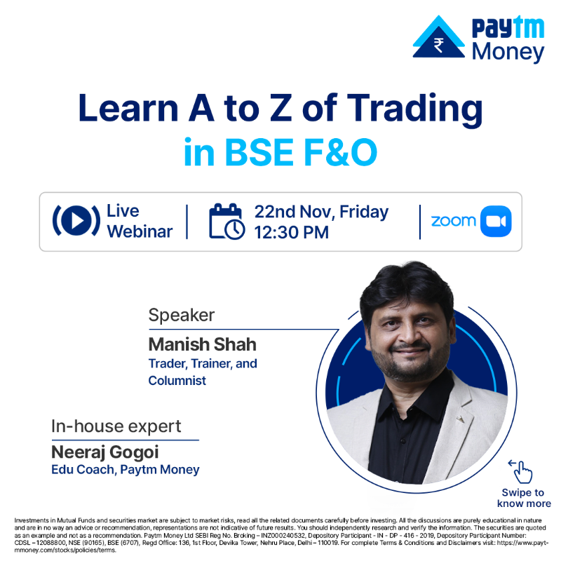 PaytmMoney's tweet photo. Ready to master BSE F&amp;O trading from A to Z? Join our live event where Manish Shah, Trader, Trainer &amp; Columnist breaks down everything you need to know to trade with confidence.

🗓️- 22nd Nov, Tomorrow
⏰- 12:30 PM

#LearnWithPaytmMoney #PaytmMoney #BSEFnO #FuturesandOptions