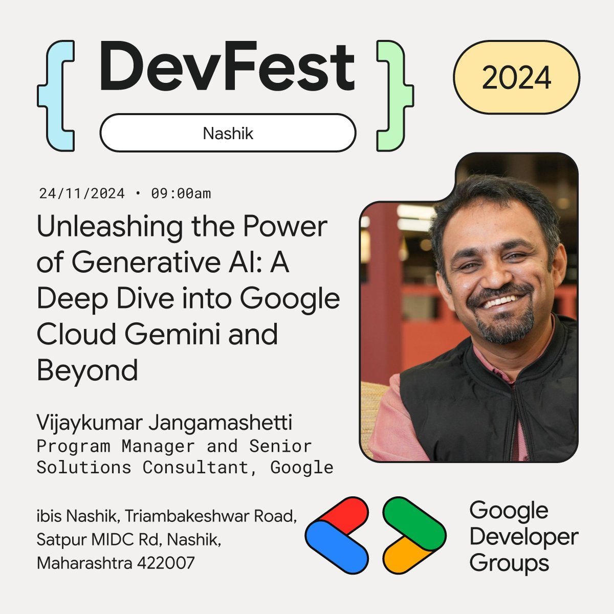 🎤 Unlock the future with <a href="/vijaykumarpj/">Vijaykumar Pj</a> at #DevFestNashik 2024! 🚀 Dive into Generative AI magic powered by Google Cloud Gemini 🤖✨. Don’t miss it! 💡💥 #GDGNashik #AI #GoogleCloud #DevFest2024