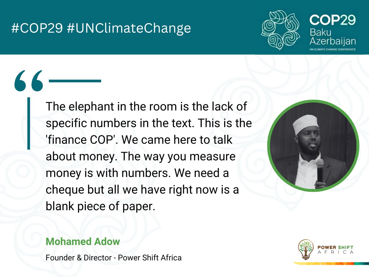 BREAKING: Power Shift Africa Director and Founder <a href="/mohadow/">Mohamed Adow</a> responds to the recently released NCQG text, calling it a blank cheque and asking developed countries to put actual figures to the goal.

🧵

#COP29Azerbaijan #NCQG #ClimateFinance