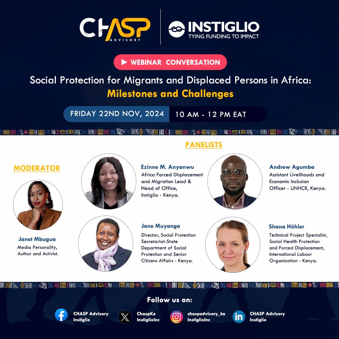 Please join us tomorrow Friday, from 10:00am on the Webinar on Social Protection for Migrants and Displaced Persons in Africa: The Milestones and Challenges <a href="/ChaspKe/">CHASP Advisory</a> <a href="/InstiglioInc/">Instiglio</a> <a href="/MuyangaJan63612/">Jane Muyanga</a> <a href="/SP_Kenya/">Social Protection and Senior Citizen affairs</a> <a href="/UNHCR_Kenya/">UNHCR KENYA</a> <a href="/WFP_Kenya/">WFP in Kenya</a> <a href="/soc_protection/">ILOSocialProtection</a> <a href="/FAOKenya/">FAO in Kenya</a>