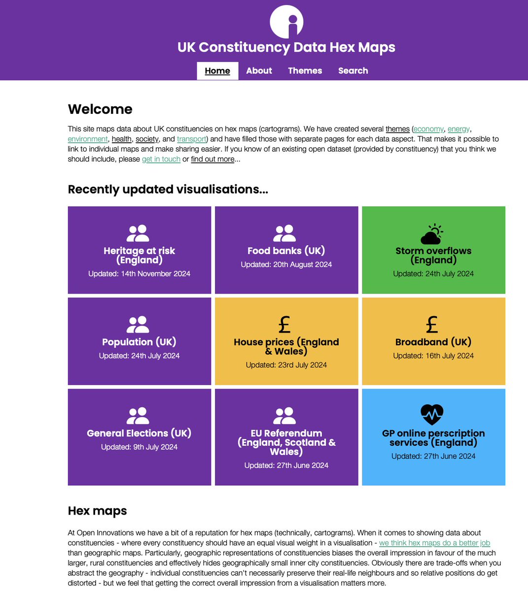 OpenInnovates's tweet image. Our #HexMap website maps data about UK constituencies. With themes inc. economy, energy, environment, health, society, &amp;amp; transport. If you know of an open dataset that you think we should include, please get in touch or find out more...

constituencies.open-innovations.org