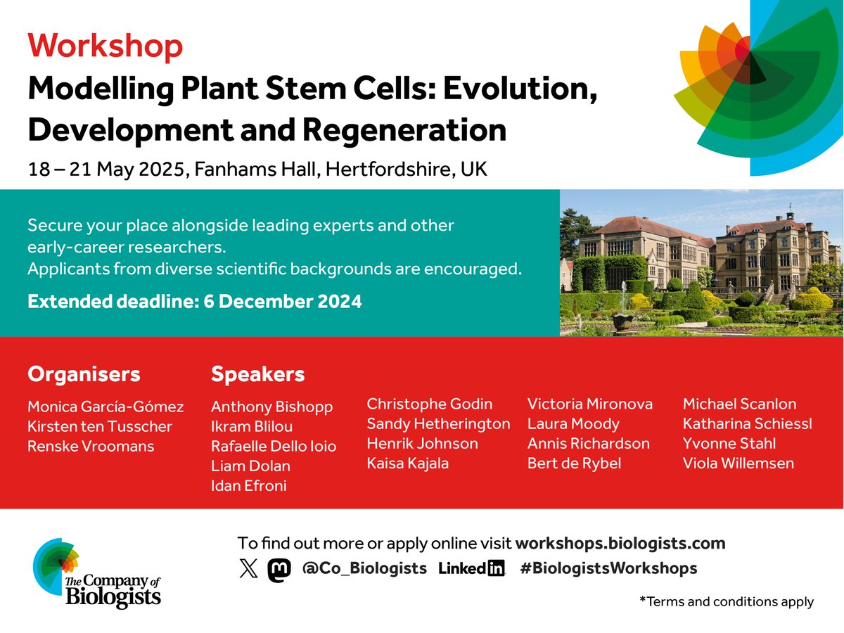 The Company of Biologists (@co_biologists) on Twitter photo Extended deadline. You now have until 6 Dec to apply for your funded early-career researcher place at our Workshop on 'Modelling Plant Stem Cells: Evolution, Development and Regeneration' organised by @moneralee <a href="/khwjtuss/">Kirsten ten Tusscher</a> & @RenskeVroomans
Apply at biologists.com/workshops/may-… Extended deadline. You now have until 6 Dec to apply for your funded early-career researcher place at our Workshop on 'Modelling Plant Stem Cells: Evolution, Development and Regeneration' organised by @moneralee <a href="/khwjtuss/">Kirsten ten Tusscher</a> & @RenskeVroomans
Apply at biologists.com/workshops/may-…