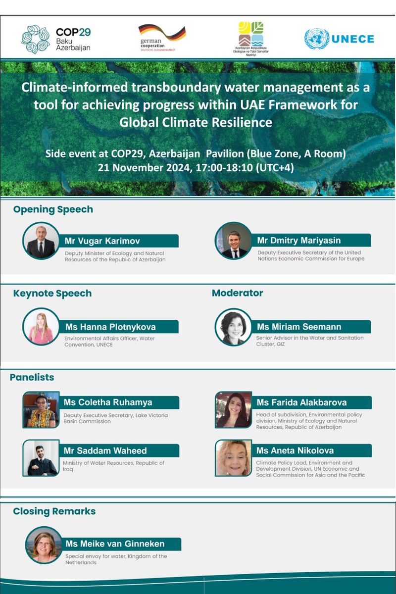 UNECE_Water's tweet photo. 🌍Join us today at #COP29!

🗣️Side event: Climate-informed transboundary water management 💧

📅 21 Nov 2024
🕔 17:00-18:10 (UTC+4)
📍 Azerbaijan Pavilion, Blue Zone (A Room)

Organized by: 🇩🇪 Germany, 🇦🇿Azerbaijan &amp;
🇺🇳@UNECE https://t.co/oWLwFmrRYg