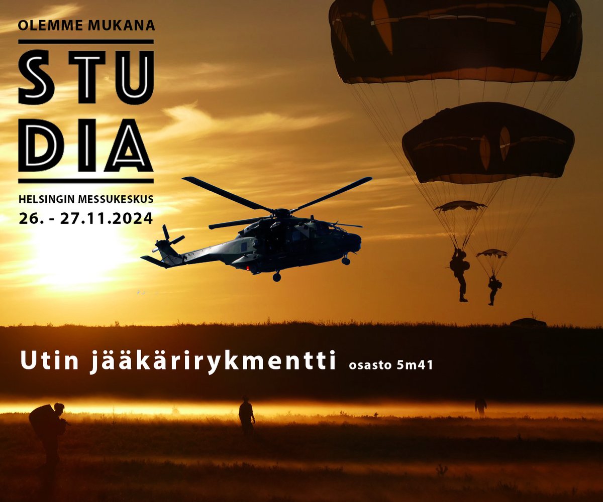Utin jääkärirykmentti on mukana Helsingin messukeskuksessa 26. - 27.11. järjestettävillä STUDIA-messuilla. Messut ovat auki tiistaina ja keskiviikkona klo 9 - 17. Tuuppa moikkaamaan! 🫡

#UTJR #erikoisjoukot #laskuvarjojääkärit #helikopterit #varusmiespalvelus #intti #studia2024