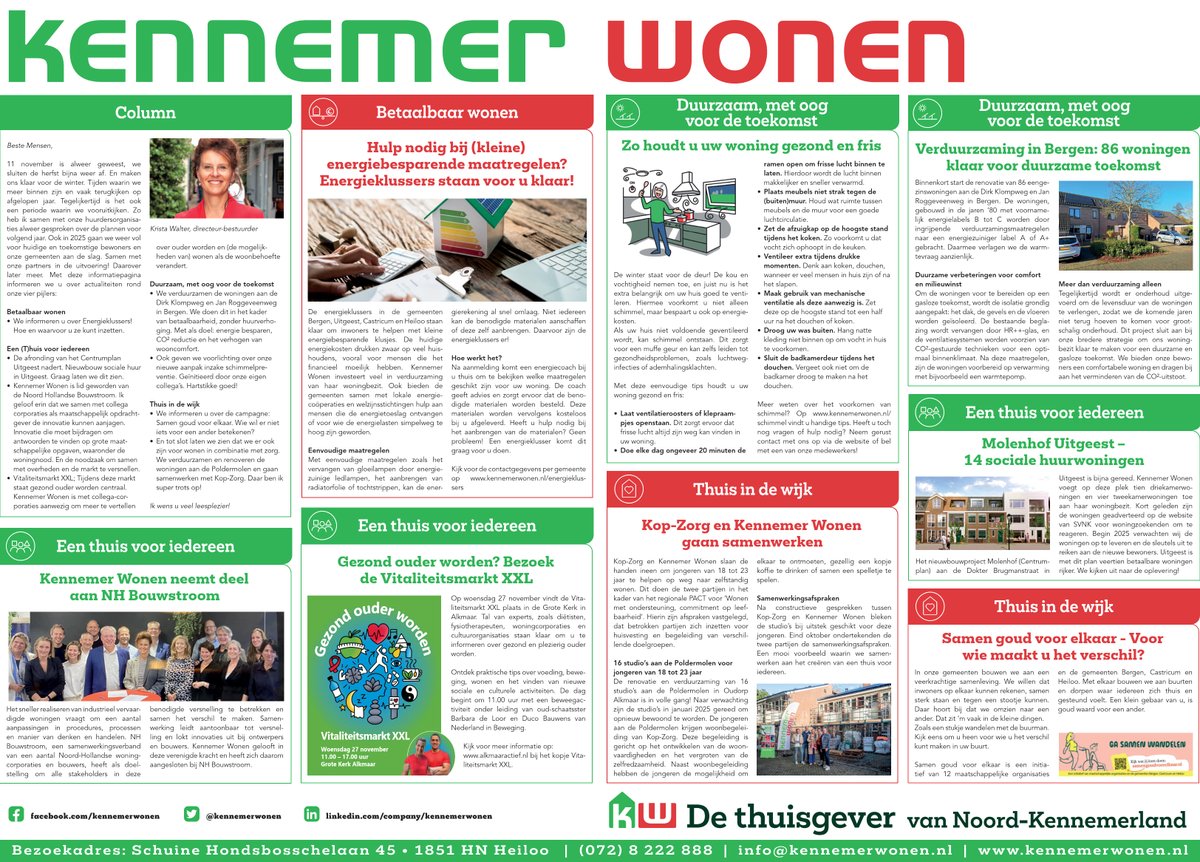 📄De nieuwe informatiepagina is uit! Met aandacht voor verduurzaming van 86 woningen in Bergen, het belang van ventileren, energieklussers en meer! Deze week in de huis-aan-huis-bladen, of lees hem online ➡️ kennemerwonen.nl/media/3432/ken… #alkmaar #bergen #uitgeest #castricum #heiloo