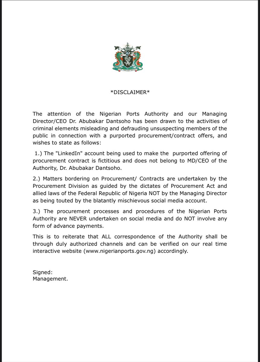 nigerianports's tweet image. DISCLAIMER: 

The attention of the Nigerian Ports Authority and our Managing Director/CEO Dr. @Abudantsoho has been drawn to the activities of criminal elements misleading and defrauding unsuspecting members of the public in connection with a purported procurement/contract…