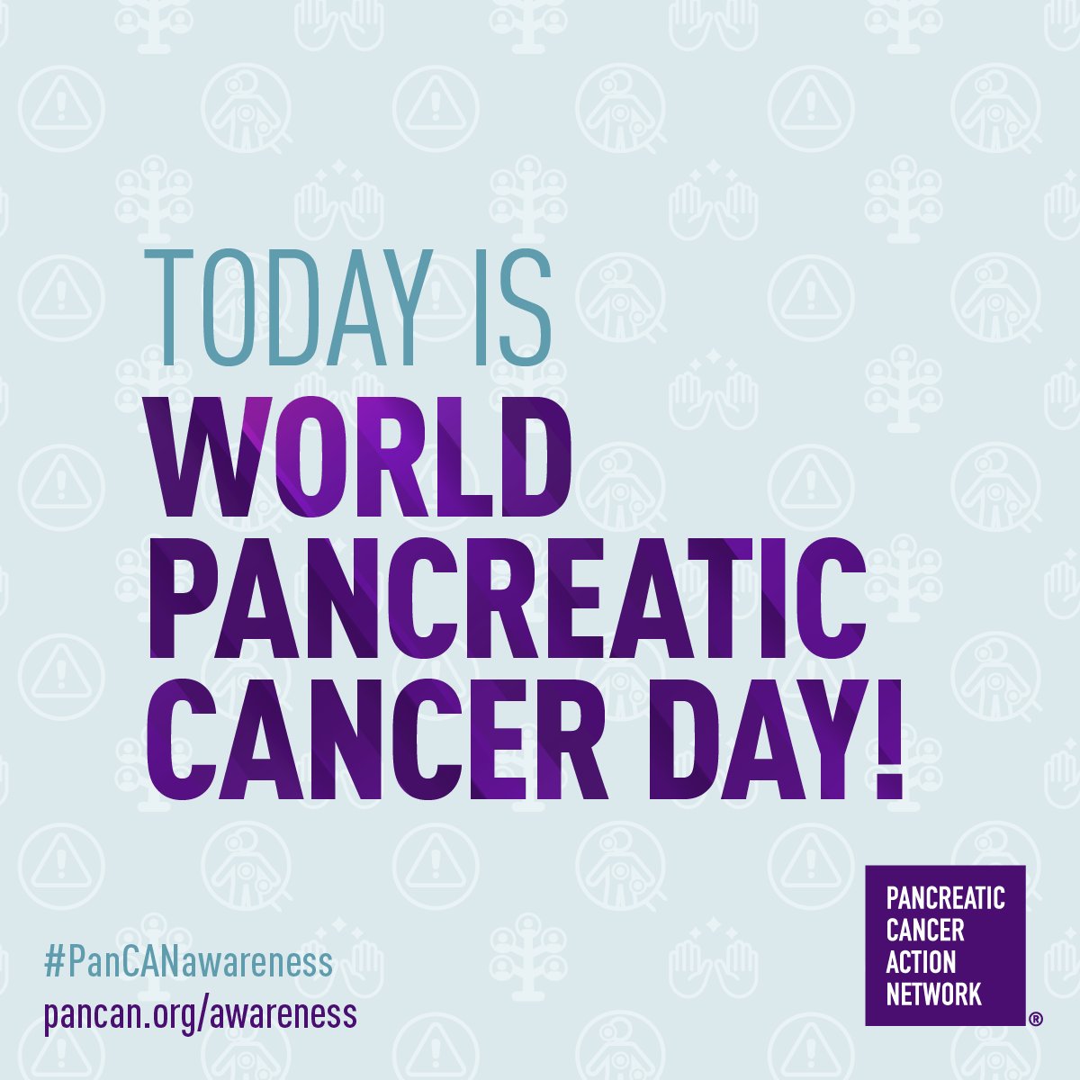 IT'S WORLD PANCREATIC CANCER DAY! 💜📣🎗

Let's turn the world purple today to show support for those facing this disease! Here's how you can join in:

📱Put on your best purple and post on social media! Don't forget to tag <a href="/PanCAN/">PanCAN</a> and #PanCANawareness

💌 SHARE this post with