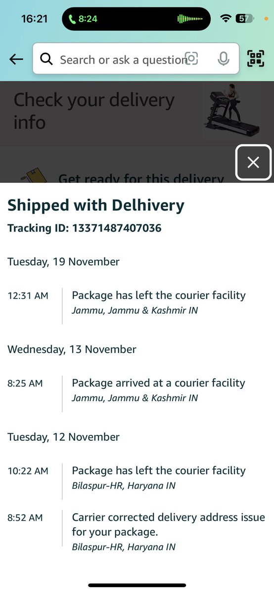 BhuyanAniruddh's tweet photo. @amazonIN @JeffBezos @delhivery this is unacceptable. I had ordered a treadmill and paid ₹65K . The courier auto corrected my address for no reason. The delivery date was 19 Nov. The customer service is clueless and always saying we will escalate the issue https://t.co/y7bS52M11o