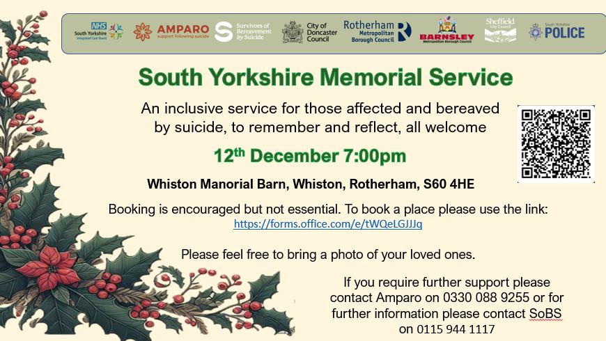 Join us in remembrance and solidarity at our memorial event for those died by suicide. 12th December 7:00pm at Whiston Manorial Barn, Rotherham. Book your place: forms.office.com/e/tWQeLGJJJq
#BereavementMemorial #SuicideAwareness #HealingTogether#RememberingLovedOnes