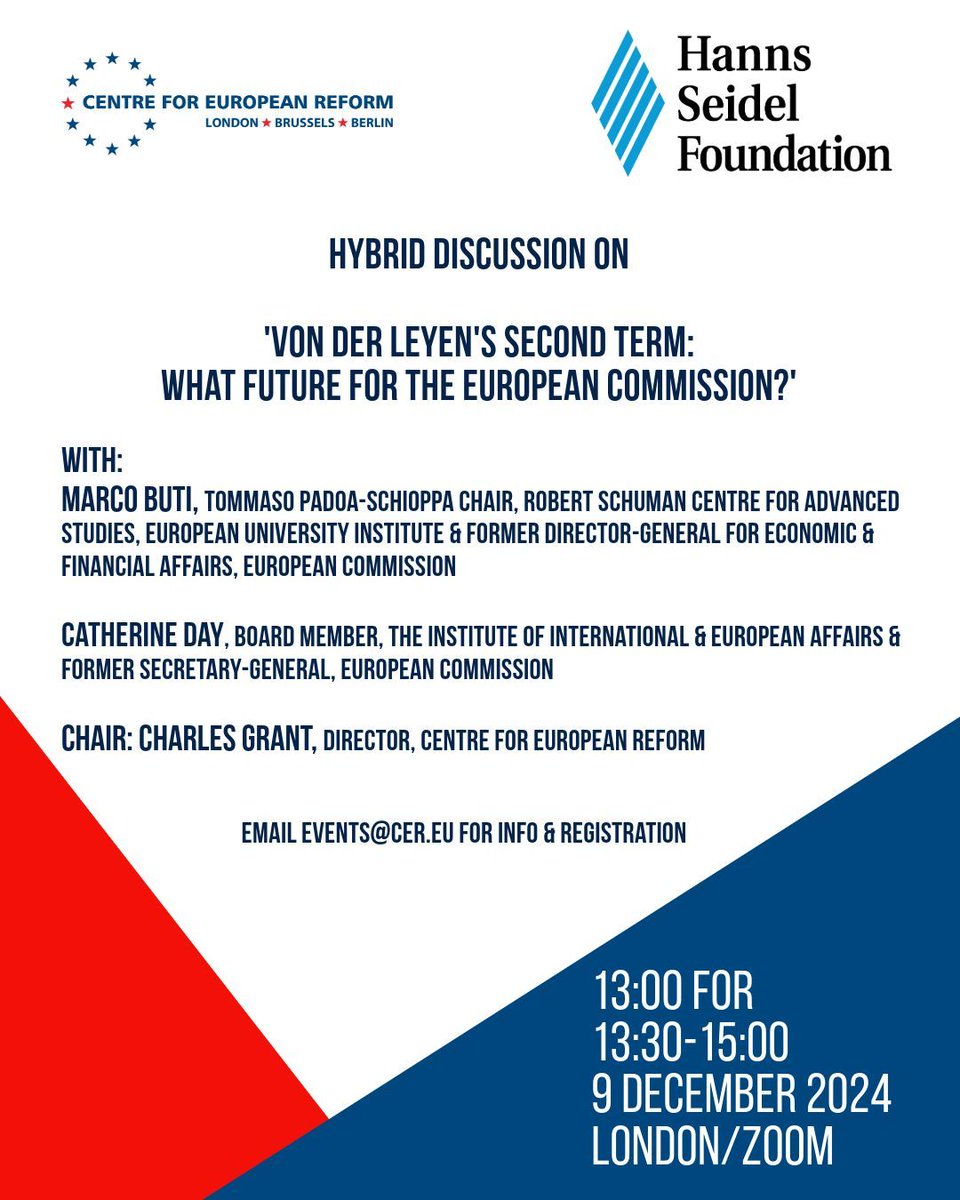 JOIN US online - 9/12/24 - <a href="/CER_EU/">CER</a>/<a href="/hsf_uk/">HSF_UK</a> discussion on 'Von der Leyen's second term: What future for the European Commission?' 

Speakers: Marco Buti and Catherine Day 
Chair: <a href="/CER_Grant/">Charles Grant</a>

Email events@cer.eu for info &amp; registration