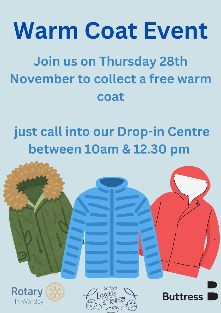 Please pass this on to people/families who would benefit from a free warm coat.

Join Salford Loaves and Fishes on 28th Nov at their drop-in centre between 10.30am-12.30pm and collect a free warm coat.

1 Paddington Close
Salford M6 5PL
<a href="/SalfordLoaves/">Loaves & Fishes</a> 
lght.ly/7amld3f