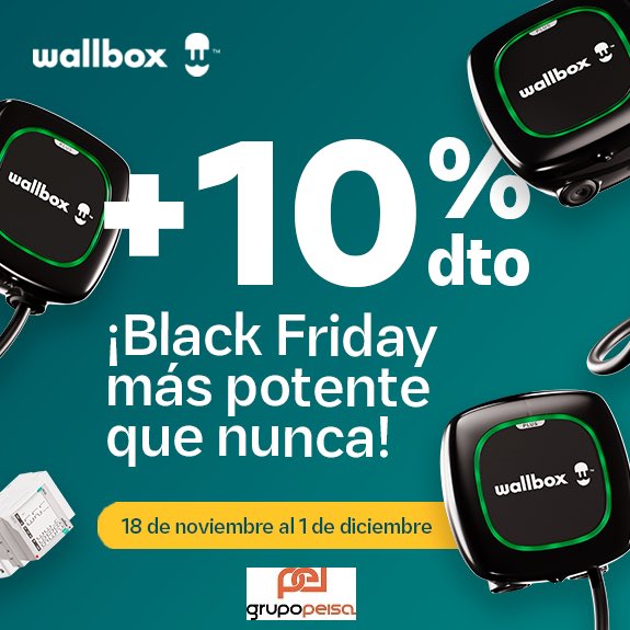 #PeisaInforma 📌 
Aprovecha la #promoción Black Friday con <a href="/grupo_peisa/">Grupo Peisa</a> y <a href="/Wallbox_ES/">Wallbox España</a>, y ahorra un 10% de descuento en la compra de Pulsar Plus o el kit Pulsar Plus.

👉 Válida hasta el 1/12/24.

ℹ️ Más información aquí: bit.ly/3Ok114t