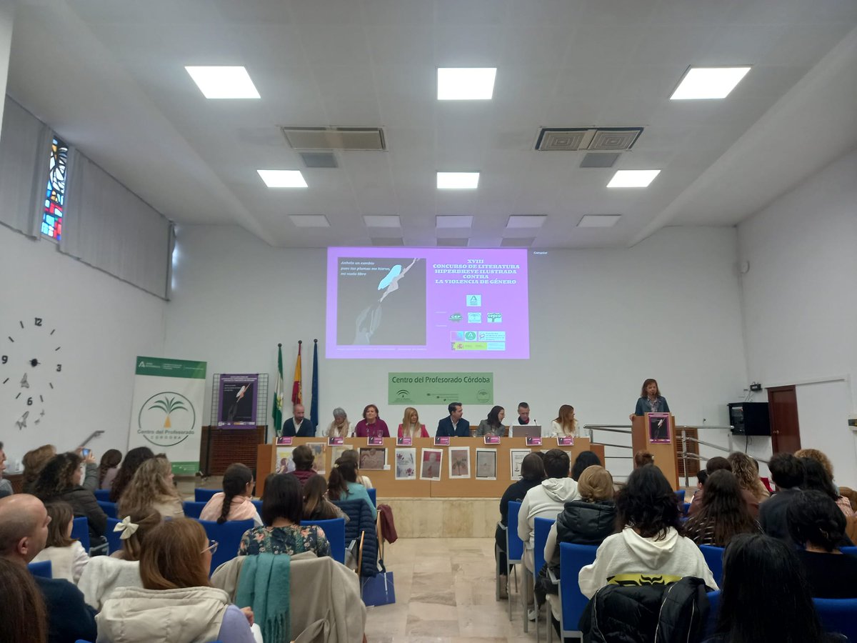 Entrega de premios del XVIII CONCURSO CONTRA LA VIOLENCIA DE GÉNERO  con Pedro Ruiz, Jefe de Servicio de Ordenación Educativa, Rosa Arcos, Coordinadora de Formación, Marisa Raya de la <a href="/plataforma_co/">Plataforma Cordobesa</a>, Rosario Alarcón del IAM, <a href="/ceppriegomonti/">CEP Priego Montilla</a> , <a href="/ceppenarroya/">CEP Peñarroya-Pvo</a> , <a href="/EducaAnd/">Consejería Desarrollo Educativo y FP</a>
