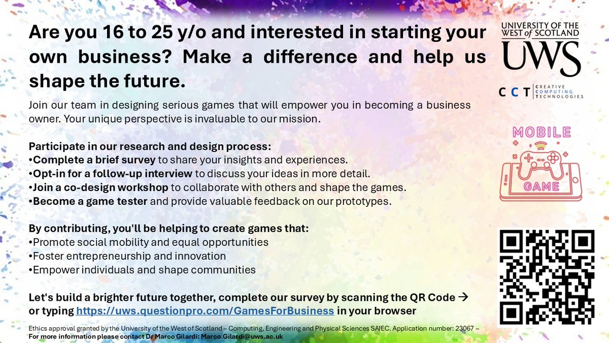 🌟 Calling 16-25 y/o future entrepreneurs! Help shape serious games that empower business owners. Share your insights, join workshops, &amp; test prototypes. Make an impact, foster innovation, &amp; promote equal opportunities. Start here: uws.questionpro.com/GamesForBusine…