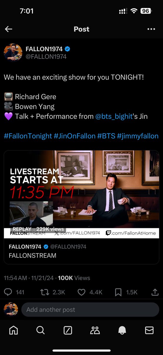 FALLON1974's tweet photo. Thank you to Jin and the amazing BTS ARMY for watching our livestream of The Tonight Show! Your love and support helped us reach over 229,000 views! 💜 We appreciate you all so much. Stay tuned for more unforgettable moments on #FallonTonight! #JinOnFallon #BTSARMY https://t.co/rGF5Neg4oy