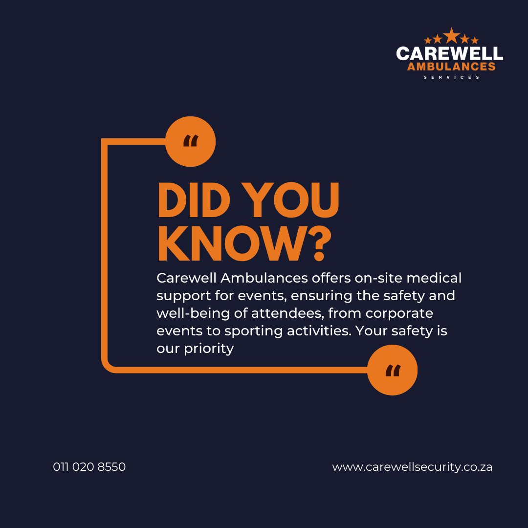 We offer on-site medical support for events, ensuring the safety and well-being of attendees, from corporate events to sporting activities. Your safety is our priority
Tell: 011 020 8550

#EventMedicalSupport #explore #fypシ #wecare #CarewellAmbulances #EmergencyCare #EventSafety