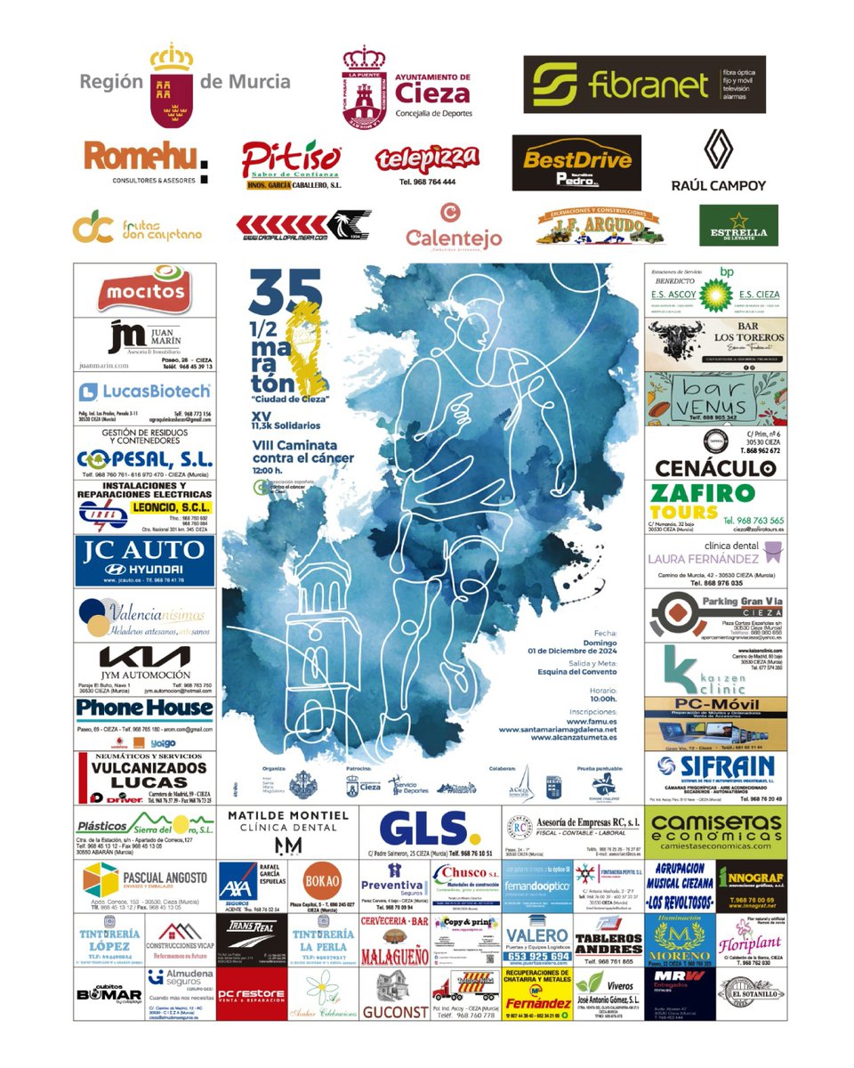 Patrocinadores de la ‘XXXV MEDIA MARATÓN CIUDAD DE CIEZA’ y los ‘XV 11,3K SOLIDARIOS’.

Gracias  por confiar un año más en nosotros. Sin vuestra colaboración, la prueba  cumbre del calendario deportivo de nuestra localidad, no sería posible.