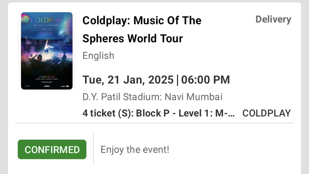 shubhpatel9825's tweet photo. Coldplay mumbai tickets available 🎆

21st January , mumbai
4 tickets🎫
📍Block P level 1
Dm if interested 

#Coldplay #Coldplayindia 
#coldplaymumbai 
#Coldplay2025 #coldplaytickets https://t.co/uxnROUzpDh