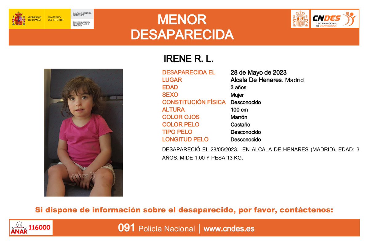 ⚠️‼️MENOR DESAPARECIDA‼️⚠️
ℹ️🚺3 años
🔍Vista por última vez en #alcaladehenares #Madrid 
⏰Tu ayuda es fundamental
🔗RT y colabora
A través de📩cndes-web.ses.mir.es/publico/Desapa….
📞091 <a href="/policia/">Policía Nacional</a>
🛰️Síguenos en <a href="/cndes_oficial/">CNDES</a>
#desaparecida