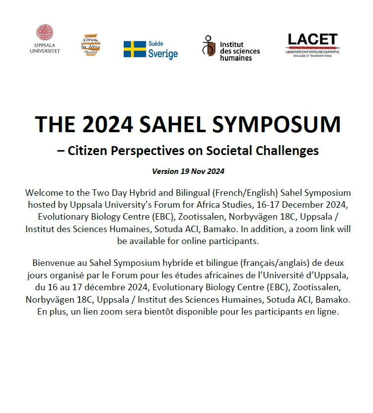 StenHagberg1's tweet image. Welcome to the 2024 Sahel Symposium on Citizen Perspectives on Societal Challenges, simultaneously @UU_University&apos; Forum for Africa Studies (Sweden), and at the Institut des Sciences Humaines (Mali), 16-17 Dec. 2024.  afrikastudier.uu.se/Download.aspx?…
afrikastudier.uu.se/en/