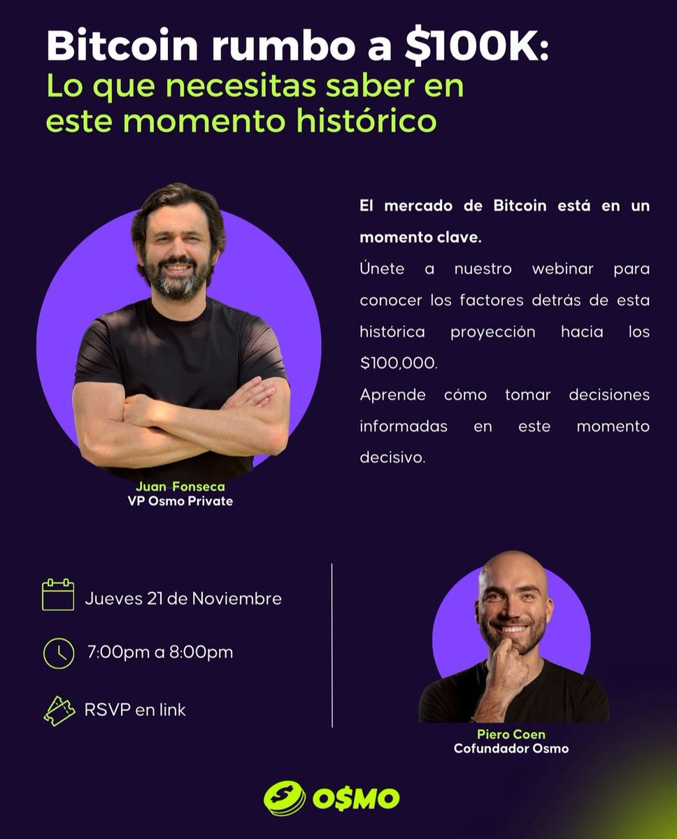 osmo⚡️ (@osmowallet) on Twitter photo #Bitcoin está llegando a $100K!!!Que significa esto?  Será muy tarde para comprar?  Cómo puedes aprovechar esta oportunidad?  Qué debes saber para prepararte?  Todo esto y más…
us06web.zoom.us/webinar/regist… #Bitcoin está llegando a $100K!!!Que significa esto?  Será muy tarde para comprar?  Cómo puedes aprovechar esta oportunidad?  Qué debes saber para prepararte?  Todo esto y más…
us06web.zoom.us/webinar/regist…