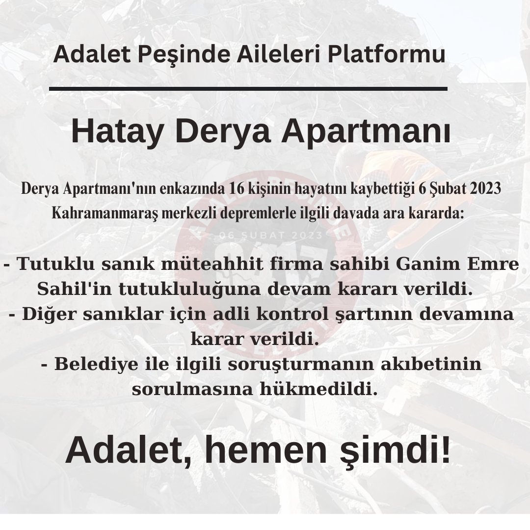Ailelerimizden Derya Apartmanı'nın bugün duruşması vardı! 

Çıkan ara kararları kabul etmiyoruz. Bu kararlar adaleti sağlamak yerine adaleti askıda bırakarak  benzer duruşmaların sürüp gitmesine neden olmakta. Biz aileleri yıldırmaya çalışmaktadır. Bu duruşmanın bir önceki