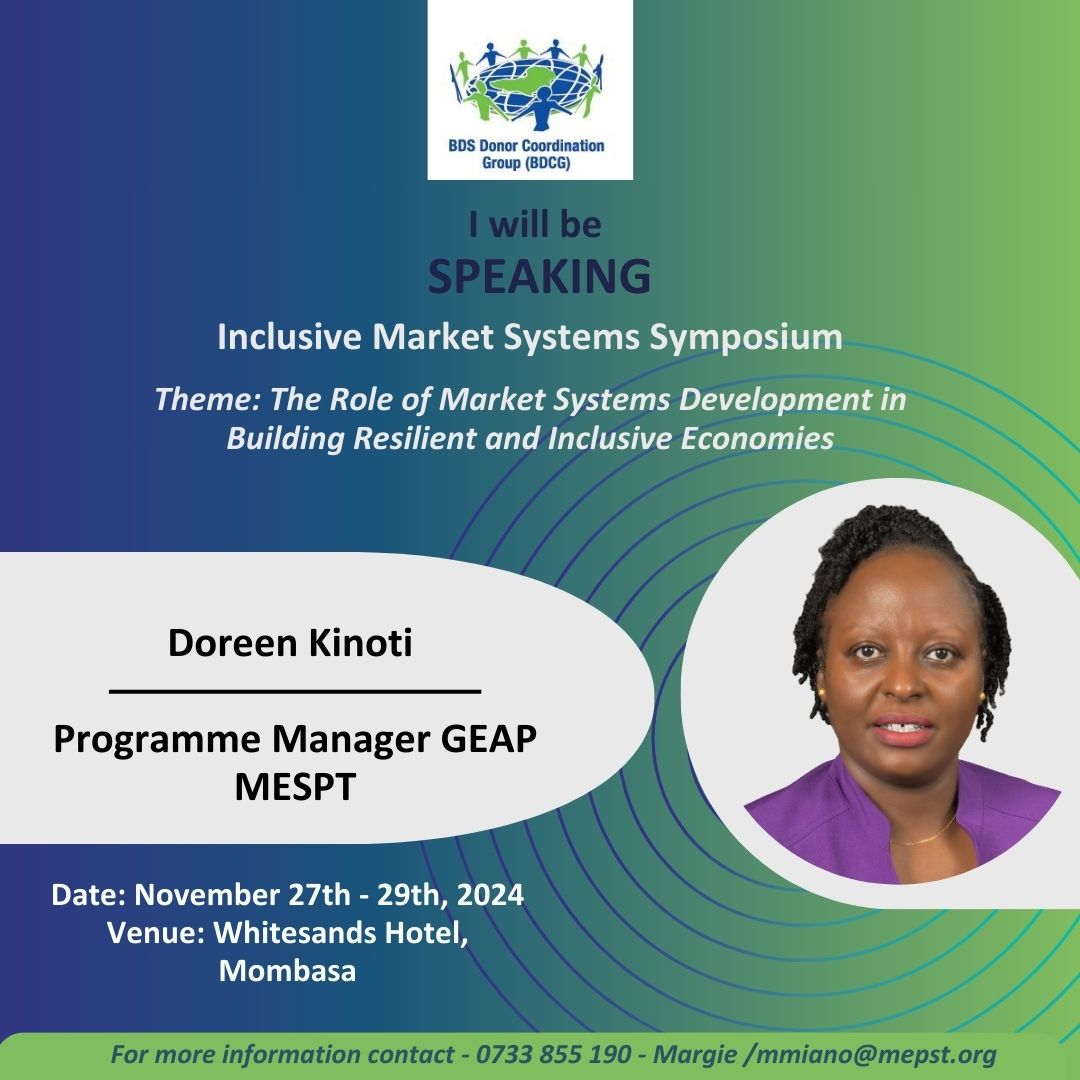 Doreen Kinoti, Manager for the #GEAP Programme at the Micro Enterprise Support Programme Trust (MESPT) will be speaking during the Climate Adaptation, Resilience and Regenerative Agriculture thematic session at the #BDCGsymposium2024.

#inclusivemarketsystems #inclusiveeconomies