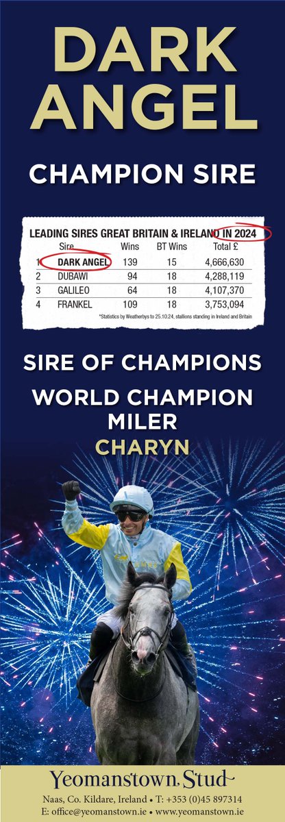 EBN (@bloodstocknews) on Twitter photo 💥 <a href="/YeomanstownStud/">Yeomanstown Stud</a>'s DARK ANGEL - Champion Sire 💥
🏆 Sire of Champions including World Champion Miler CHARYN
For more info and to secure your mares' 2025 nominations, visit ⬇️
yeomanstown.ie/dark-angel/ #ReadAllAboutIt 💥 <a href="/YeomanstownStud/">Yeomanstown Stud</a>'s DARK ANGEL - Champion Sire 💥
🏆 Sire of Champions including World Champion Miler CHARYN
For more info and to secure your mares' 2025 nominations, visit ⬇️
yeomanstown.ie/dark-angel/ #ReadAllAboutIt