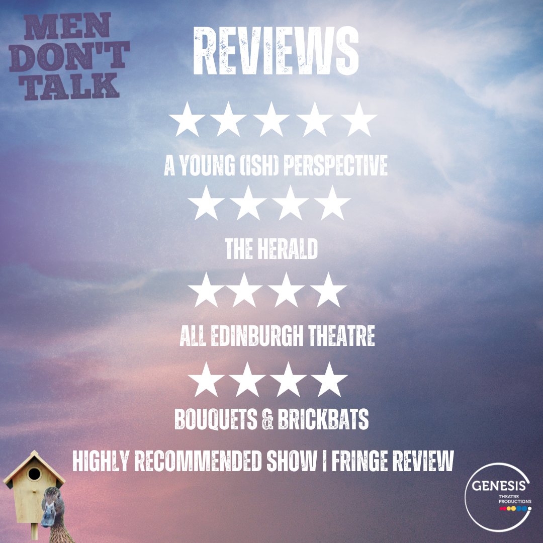 Genesis Theatre Productions (@genesistp2024) on Twitter photo We have reached the end of what has been a fantastic tour of #MenDontTalk we want to celebrate @ thank a number of people for making this happen.
1/3
<a href="/CreativeScots/">Creative Scotland</a> Touring Fund
<a href="/ScottishMSA/">Scottish Men's Sheds Association (SMSA)</a> and <a href="/mhfestival/">MaceioHouseFestival</a> @antobarandmulltheatre #luminate We have reached the end of what has been a fantastic tour of #MenDontTalk we want to celebrate @ thank a number of people for making this happen.
1/3
<a href="/CreativeScots/">Creative Scotland</a> Touring Fund
<a href="/ScottishMSA/">Scottish Men's Sheds Association (SMSA)</a> and <a href="/mhfestival/">MaceioHouseFestival</a> @antobarandmulltheatre #luminate