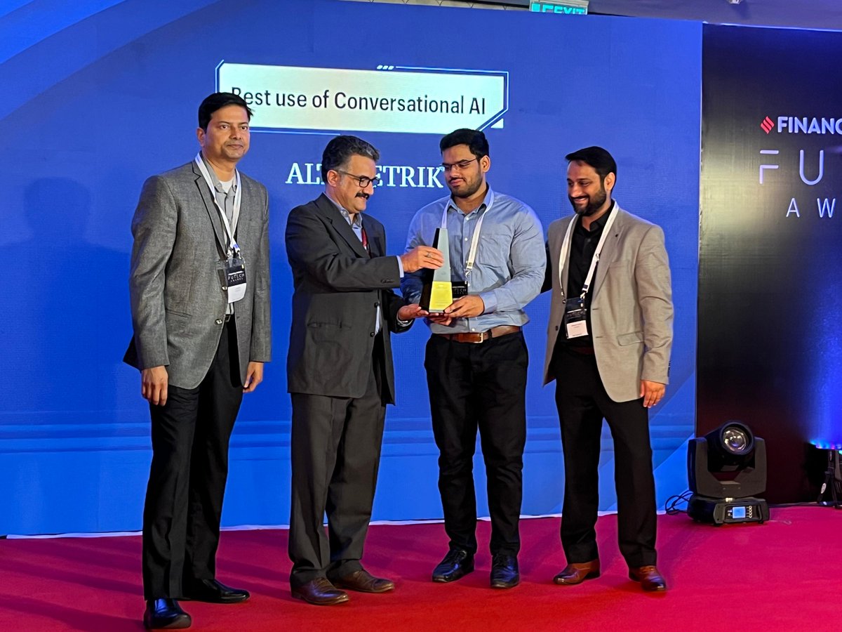 FinancialXpress's tweet image. LIVE from #FEFutechAwards: Congratulations to Altimetrik for earning Gold in the Best Use of Conversational AI category. Applause to Raymond Lifestyle Limited for the Silver, and Aditya Birla Capital for the Bronze!

#FE #FutechAwards #AI #Tech