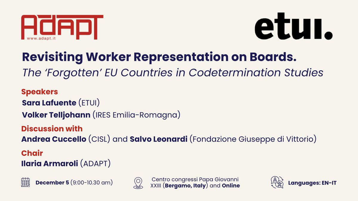 ADAPT_bulletin's tweet image. ⌛️Still a few places available to register and attend the presentation of the book: ‘Revisiting Worker #Representation on Boards: the ‘Forgotten’ EU Countries in #Codetermination Studies’ - a hybrid workshop organised together with @ETUI_org  
👉internationalconference.adapt.it/registration/