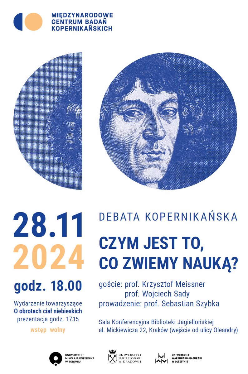 [#JUevent]  "Czym jest to, co zwiemy nauką?" | debata kopernikańska

🗓️ czwartek, 28 listopada,
🕧 początek o godz. 18:00,
📍 sala konferencyjna <a href="/Jagiellonka_UJ/">Jagiellonian Library</a>, wejście od ul. Oleandry 3,

Organizatorem wydarzenia jest Międzynarodowe Centrum Badań Kopernikańskich.