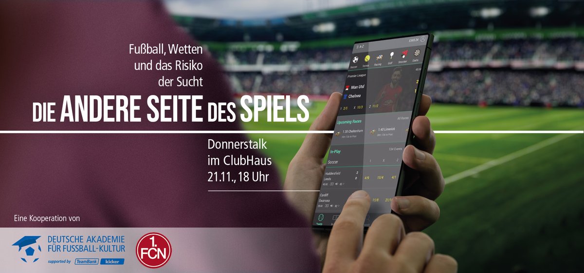 Akademie für Fußball-Kultur (@fussballkiebitz) on Twitter photo Sportwettenanbieter sind omnipräsent - und mit ihnen auch die Versuchung zu tippen. Wie nah sind sich Glücksspiel und Sucht? Welchen Schaden richtet Wettsucht an & was kann man dagegen tun? Darum geht es heute, 18 Uhr, im ClubHaus des <a href="/1_fc_nuernberg/">1. FC Nürnberg</a> . go.nuernberg.de/OQ2fms9v Sportwettenanbieter sind omnipräsent - und mit ihnen auch die Versuchung zu tippen. Wie nah sind sich Glücksspiel und Sucht? Welchen Schaden richtet Wettsucht an & was kann man dagegen tun? Darum geht es heute, 18 Uhr, im ClubHaus des <a href="/1_fc_nuernberg/">1. FC Nürnberg</a> . go.nuernberg.de/OQ2fms9v