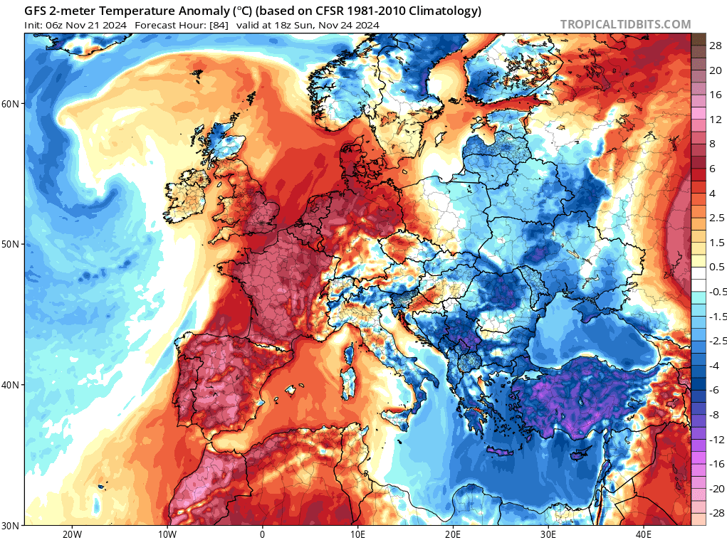 🌡️ L'épisode de #neige sur la moitié nord de la France ce jeudi est d'autant + remarquable qu'il sera suivi, dans 3 jours, par une forte remontée des températures (on va passer de 2°C à quasiment 20°C à Paris !).

Écart aux "normales" pour auj à gauche / pour dimanche à droite