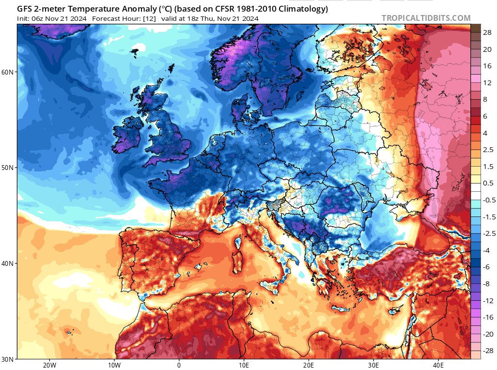 nicolasberrod's tweet photo. 🌡️ L'épisode de #neige sur la moitié nord de la France ce jeudi est d'autant + remarquable qu'il sera suivi, dans 3 jours, par une forte remontée des températures (on va passer de 2°C à quasiment 20°C à Paris !).

Écart aux "normales" pour auj à gauche / pour dimanche à droite https://t.co/pkcSeEpGKE