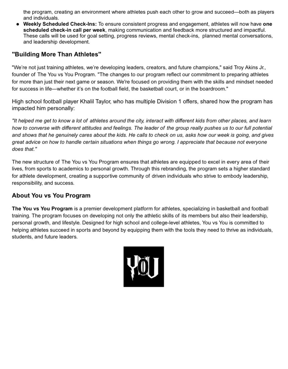 Big changes are here! The You vs You Program is leveling up to empower athletes both on and off the field. From leadership and skill-building to personal growth, we’re building more than athletes—we’re building future champions. Join The Brotherhood and take your game, and life,