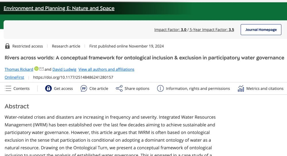 "Rivers across worlds: A conceptual framework for ontological inclusion &amp; exclusion in participatory water governance" is out now. Very grateful to Thomas for this collaboration, bringing water governance &amp; philosophy together journals.sagepub.com/doi/10.1177/25…