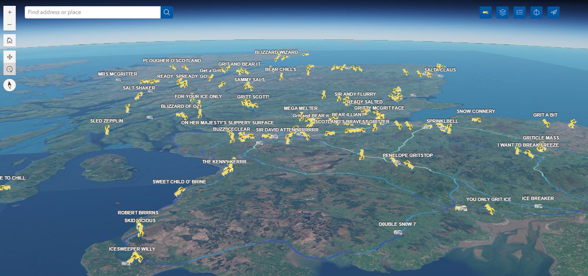 I'm dying laughing. Scotland has a 3D gritter tracker and some of the names are hilarious.

Sir David Attenbrrrrr 🤣
Sled Zepplin 🤣