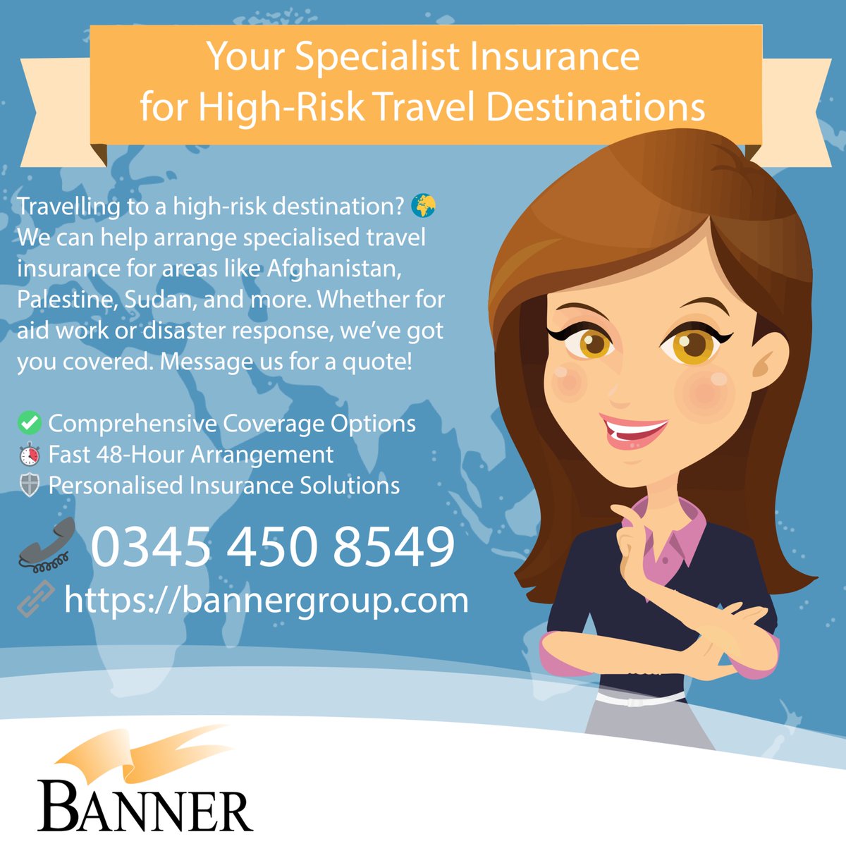 BannerFS's tweet photo. 🚨 Travelling to a #HighRiskDestination? 🌍
At #BannerFinancialServices, we offer specialised #TravelInsurance for places like Afghanistan, Palestine, Sudan, and more. Whether for #AidWork or disaster response, we’ve got your back!
📞 Call us: 0345 450 8549
🔗 Get your quote https://t.co/1WficpkeuV