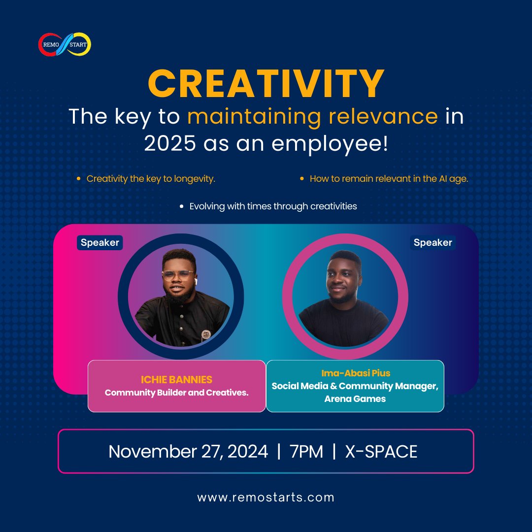 RemoStart's tweet photo. The future belongs to the creative and it is only the ones that utilize their creative power will thrive.

Join us on our X space as we discuss how creativity can make you stand out in 2025…

Join us here: https://t.co/qVvaLybhnL

 #Innovation #creativity #AI #Remostart https://t.co/TwxIK29UQZ