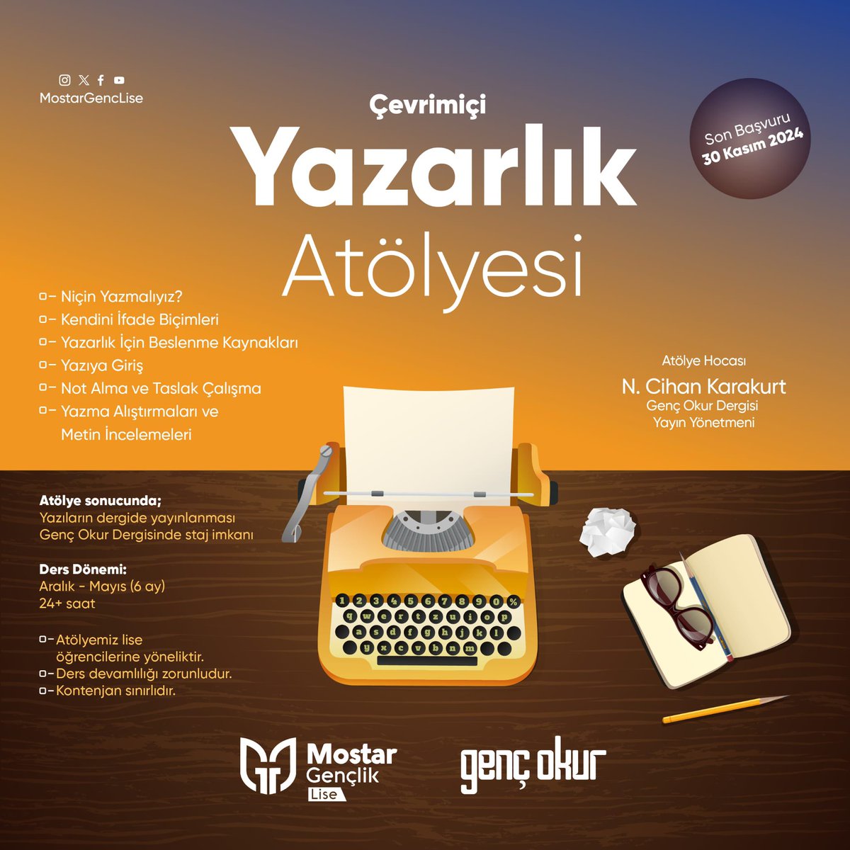 MOSTAR GENÇLİK LİSE
ÇEVRİMİÇİ YAZARLIK ATÖLYESİ

💫Okumayı seviyorsan, yazmaya gayretliysen veya yazmaya merakın varsa atölyemizde buluşabiliriz.

📍Atölyemiz çevrimiçi olacaktır. 

👇 Detaylı bilgi ve başvuru için
forms.gle/6tAqg8o97f8T2F…