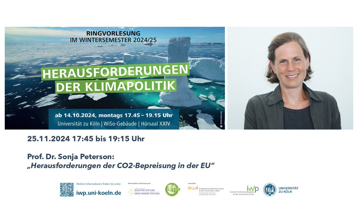 Wir freuen uns, in unserer Ringvorlesung "Herausforderungen der Klimapolitik" in Zusammenarbeit mit dem <a href="/ewi_koeln/">EWI</a>  kommenden Montag Prof. Dr. Sonja Peterson des begrüßen zu dürfen. Das Thema ihres Vortrags ist "Herausforderungen der CO2-Bepreisung in der EU".
