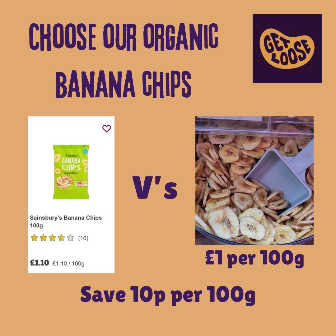 Price comparison time for Banana chips. 
Sainsbury’s non organic banana chips are £1.10 per 100g. Our #organic banana chips are only £1 per 100g, save 10p per 100g. 
A fantastic snack for home, work or a winter walk. Very popular with kids and grownups!