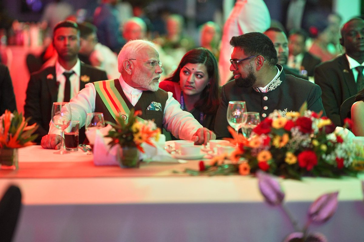 presidentaligy's tweet photo. Last evening, I conferred Guyana’s highest national award, the Order of Excellence, on India’s Prime Minister, @narendramodi , during a State Dinner the First Lady and I hosted.
This prestigious honour recognises Prime Minister Modi’s exceptional leadership in championing the voices of developing countries on the global stage. His unwavering commitment to fostering international cooperation built on equity, shared progress, and mutual respect has left an indelible mark. His dedication to the ideals of solidarity and partnership has also strengthened the bonds between Guyana and India.