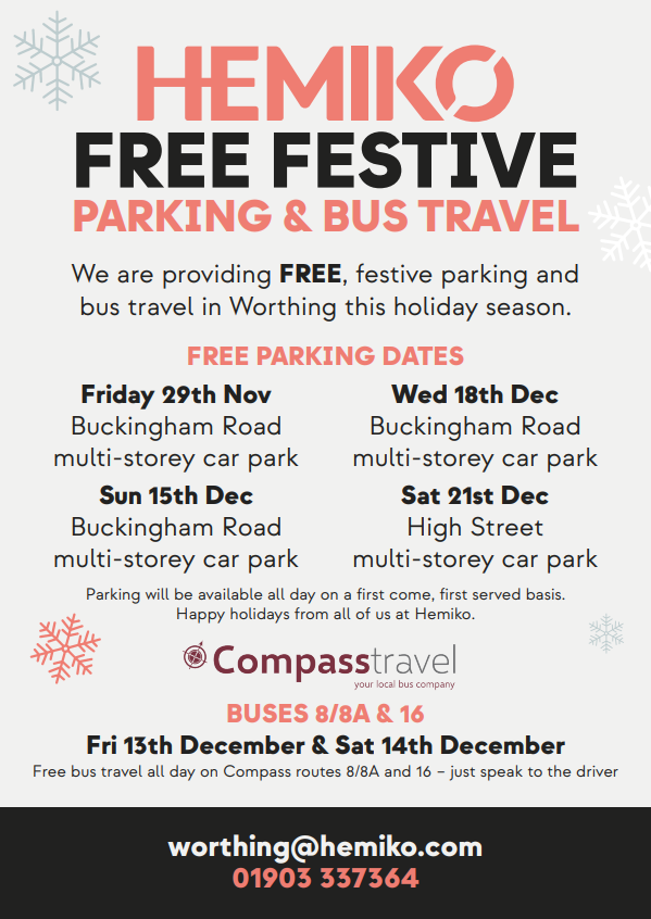 WorthingHeat's tweet photo. 🎄 FREE Festive Parking &amp; Bus Travel in Worthing! 🎄
This holiday season, Hemiko is spreading cheer with FREE parking and bus travel in Worthing. Hemiko want to say a special thanks to the town for all your support for the project
Check out the dates below:
@adurandworthing https://t.co/0uZLGqY0oz