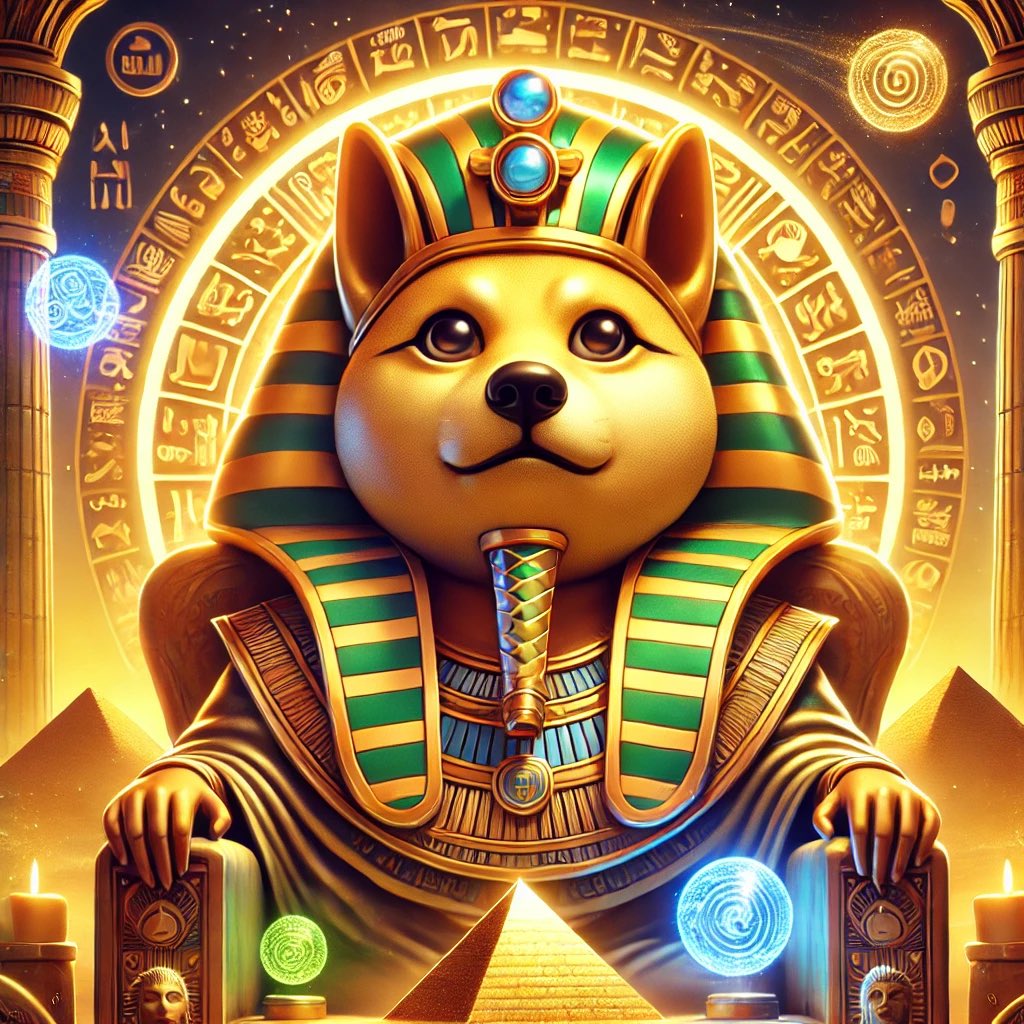 PharaohDoge's tweet photo. The Golden Legacy. Step into the regal world of Pharaoh Doge. A leader who exudes wisdom, grace, and an undeniable warmth that bridges ancient legacy with modern charm. Witness the radiance of his golden throne that captures timeless elegance. #gold #pharaohdoge #elegance #pyramids #ancient #crypto #cryptocurrencies #solana