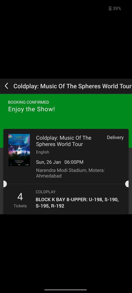 Sanskarhingoran's tweet photo. Coldplay tickets available for ahemdabad 
Genuine booked myself 
#coldplaymelbourne #MAJOR #Coldplayindia #ColdplayMumbai #NIKIWorldTourPH #GH21N #neige #topmodel https://t.co/Vy0EZNCvuE